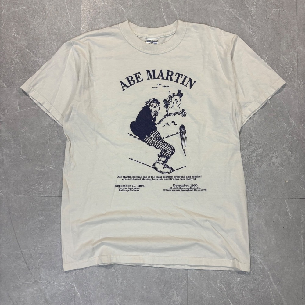 Gildan Abe Martin Kin Hubbard Graphic T-Shirt Mens Medium Cream Double Sided